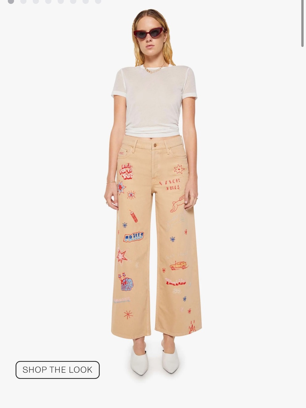 MOTHER Beige Embroidered Wide-Leg Jeans with Multicolor Motifs - Picture 4 of 4